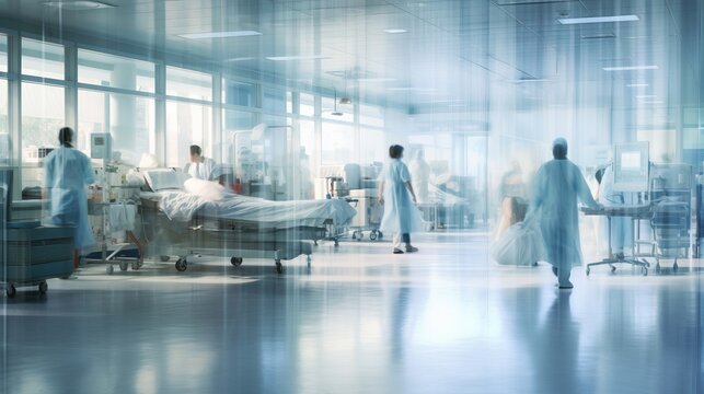 Urgent care: dynamic hospital scene with blurred images of dedicated nurses, attentive patients, and professional medical treatment