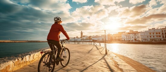 nice active senior woman cycling with her electric mountain bike at the waterfront of old moorish city of Cadiz Andalusia Spain. Copy space image. Place for adding text - obrazy, fototapety, plakaty