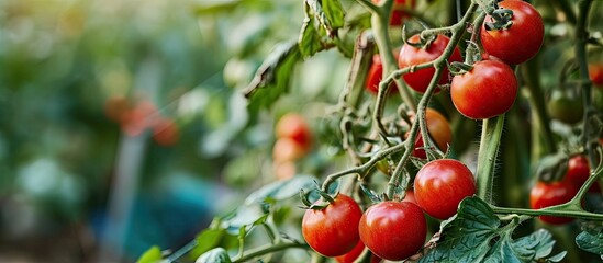 Obraz premium Tomato plants with ripe red tomatoes growing outdoors outside in a garden in England UK. Copy space image. Place for adding text
