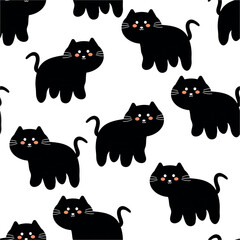 Seamless black cat pattern, cute wallpaper white background for gift wrapping paper, textile, colorful vector for kids, flat style