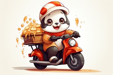 a cute panda riding a motorbike delivering food. Animals concept in profession, business, delivery