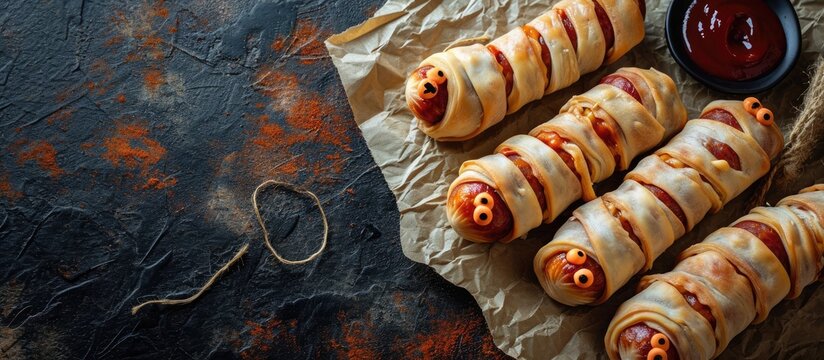 Scary sausage mummies in dough with funny eyes Halloween food. Copy space image. Place for adding text