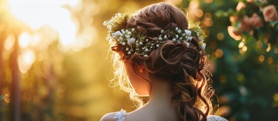 Stylist makes hair the bride. Copy space image. Place for adding text - obrazy, fototapety, plakaty