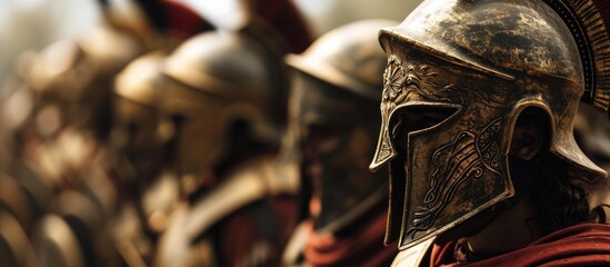 Spartan soldiers from the army ancient greece. Copy space image. Place for adding text