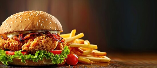 chicken sandwich serve with a side of french fries. Copy space image. Place for adding text