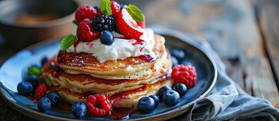 Keto pancakes made of coconut flour or almond flour served with berries and whipped cream. Copy space image. Place for adding text