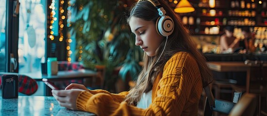 teenage woman wearing headphones sits on her phone while listening to music playing games ordering online on the sofa comfortably in a cafe. Copy space image. Place for adding text - obrazy, fototapety, plakaty