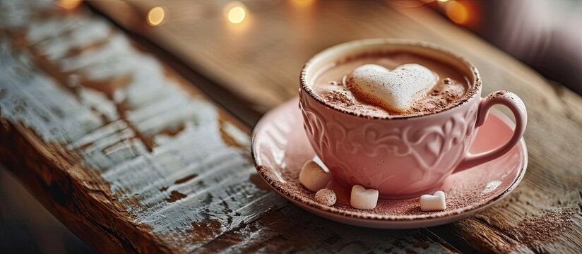 Hot chocolate and a heart shaped marshmallow in a vintage pink cup. Copy space image. Place for adding text