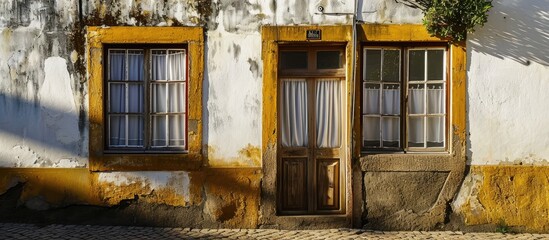 Fototapeta na wymiar Typical Portuguese facade with White wooden window and curtain on whitewashed facade in Evora town. Copy space image. Place for adding text
