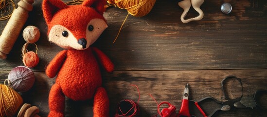 Process of stuffing soft toy red textile fox by handmade top view and sewing accessories. Copy space image. Place for adding text