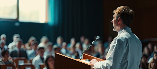 Mature doctor giving a speech on a stage at a conference in front of an audience. Copy space image. Place for adding text