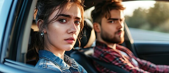 Male auto instructor takes exam in young woman Sit beside model in car and write down Young woman look confused on camera and show hands Stress and failing exams. Copy space image - obrazy, fototapety, plakaty