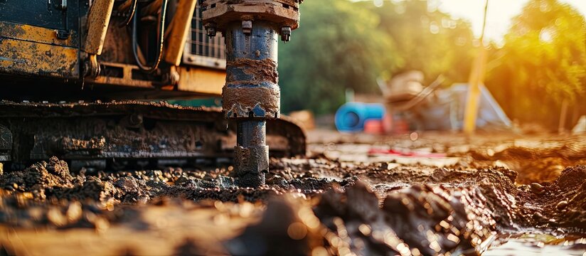 Ground water hole drilling machine selective focus. Copy space image. Place for adding text