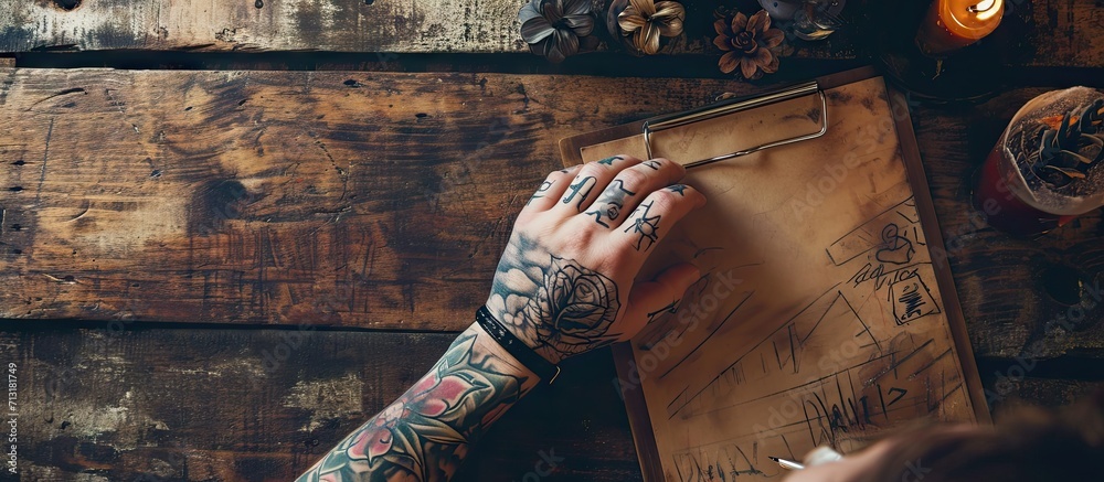 Wall mural tattooed hand holding a brand strategy clipboard. copy space image. place for adding text