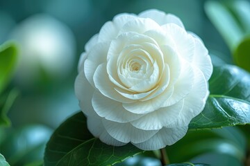 White Camellia japonica in full bloom.