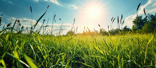 Fototapeta premium Field of grass blue sky and sun. Copy space image. Place for adding text