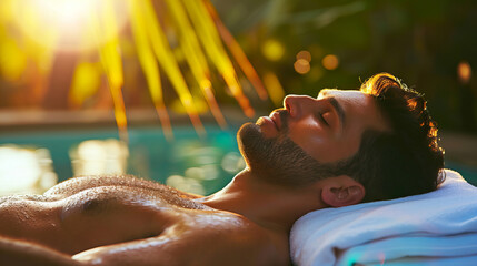 middle aged man relaxing in a luxury spa, closeup smile