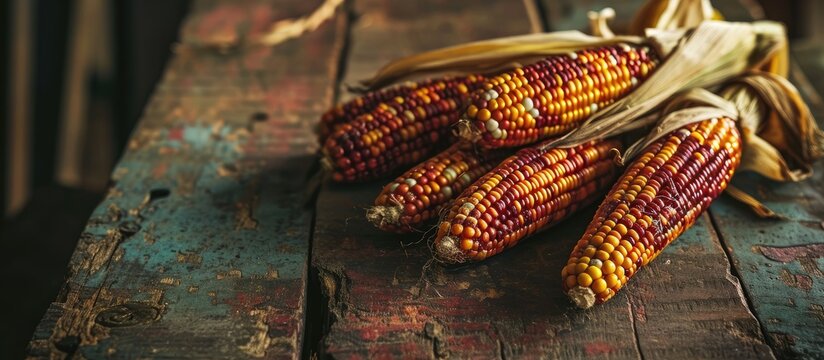 Ear of Indian corn in on vintage wood table top. Copy space image. Place for adding text
