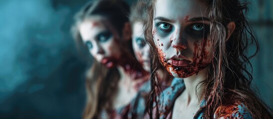 are some girls dressed as zombies. Copy space image. Place for adding text