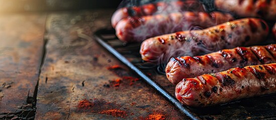 Pink sausages are fried on a grill pan The sausages are arranged in a row The sausages are steaming Slider shooting Macro. Copy space image. Place for adding text