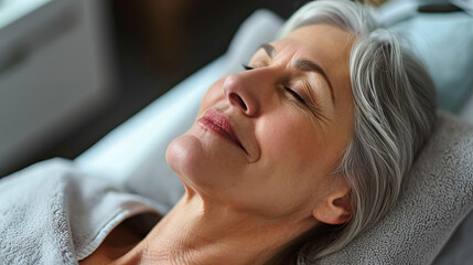 Obraz na płótnie Canvas mature woman relaxing in a luxury spa, closeup smile