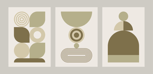 Set of abstract modern minimalist compositions with geometric shapes. Flat vector illustrations inspired by Mid-Century and Scandinavian aesthetics for poster, wall art, cover or card.