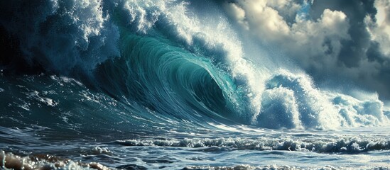 simulated tsunami with an enormous wave. Copy space image. Place for adding text - obrazy, fototapety, plakaty