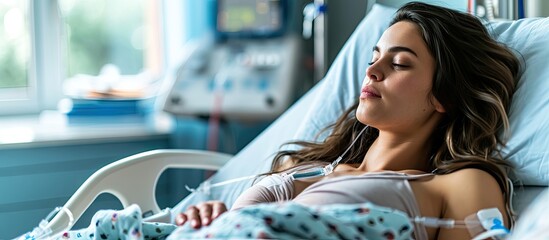 A pregnant woman in the hospital delivery room with a IV drip Childbirth and contractions. Copy space image. Place for adding text