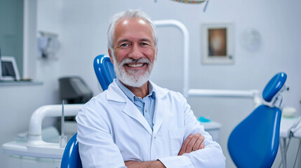portrait of a smiling senior dentist in his surgery