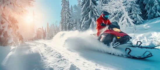 Snowmobile Jump Extreme Snowmobile Ride Racing a bright suit and a snow motorcycle Winter Recreation high resolution and photo quality. Copy space image. Place for adding text - obrazy, fototapety, plakaty