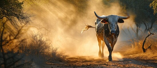 Bull in the dust on a Kimberley Cattle Station. Copy space image. Place for adding text