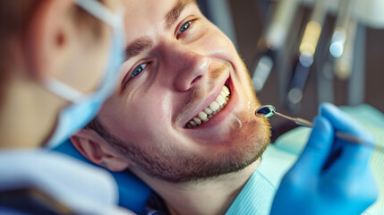 smiling man at dental clinic having a check-up, closeup