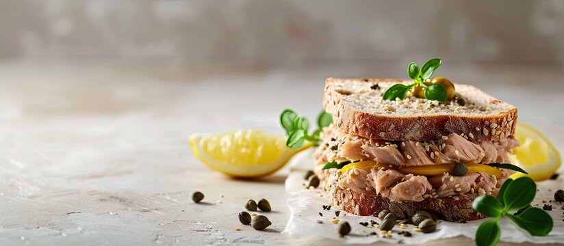 Tuna sandwich capers seed bread lemon juice for freshness little bit of dijon mustard and olive oil. Copy space image. Place for adding text