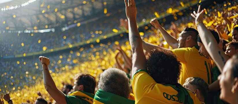 Brazilian football fans supporting their team at stadium. Copy space image. Place for adding text - Powered by Adobe