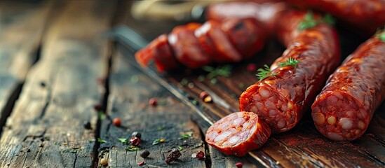 Hungarian sausages before being smoke cured. Copy space image. Place for adding text