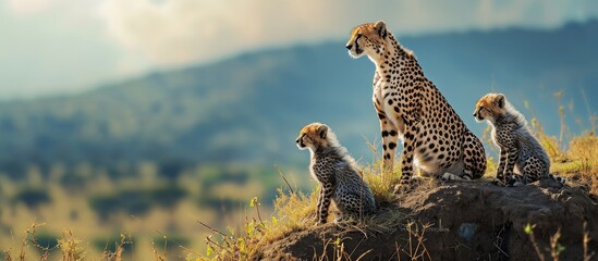 Cheetah and cubs look left on mound. Copy space image. Place for adding text - obrazy, fototapety, plakaty