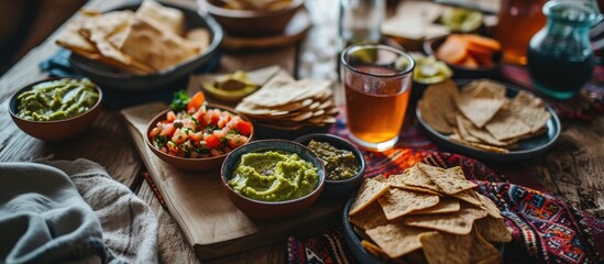 A tablecloth with geometric patterns and elegant leaves decorates the table where two bowls of hummus and guacamole are served with whole wheat toast and breadsticks A healthy and delicious sna - obrazy, fototapety, plakaty