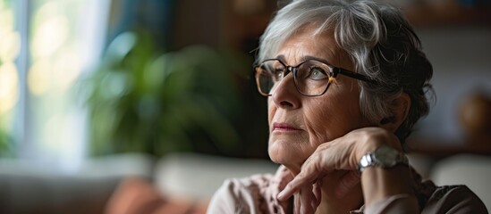 Stressed senior retired woman touching forehead looking away feeling doubtful about decision Unhappy thoughtful middle aged lady sitting on couch worrying about personal problems alone at home - obrazy, fototapety, plakaty