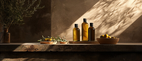 Bottles mock up for advertising and presentation of organic and fresh olive oil, cozy environment