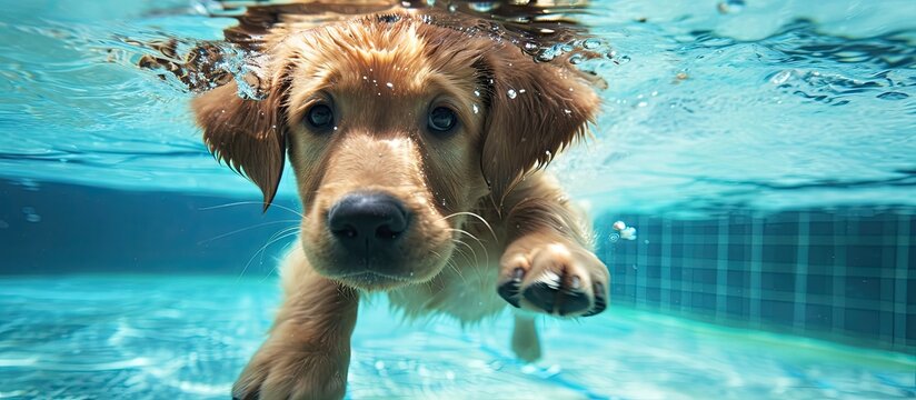 Underwater photo of golden labrador retriever puppy in outdoor swimming pool play with fun jumping and diving deep down Activities and games with family pets and popular dog on summer holiday