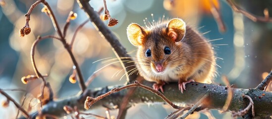 Little hazel dormouse climb the twigs in nature Muscardinus avellanarius in Hungary is the animal of the year 2017 Endangered animal. Copy space image. Place for adding text - obrazy, fototapety, plakaty