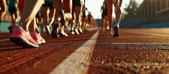 Female athletes at starting line on race track. Copy space image. Place for adding text