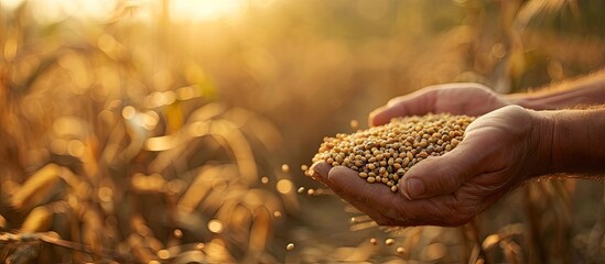 Soybean husk in farmer palms animal feed close up. Copy space image. Place for adding text