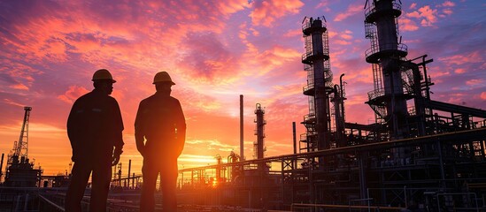Silhouette of Teams engineer and foreman working at petrochemical oil refinery in sunset. Copy space image. Place for adding text - obrazy, fototapety, plakaty