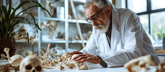 Old male doctor examining skeleton in the clinic. Copy space image. Place for adding text