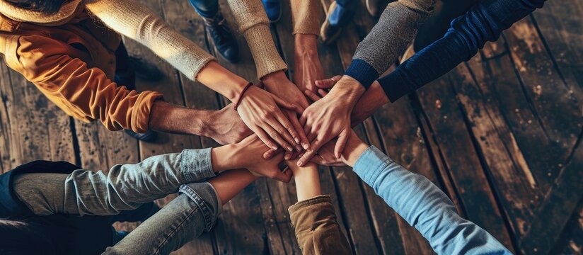Multiethnic Ethnic Business people Putting Hand Volunteer Friendship Together Friends with stack of hands showing unity and trust worthy Partnership Teamwork team Collaborate working with compe