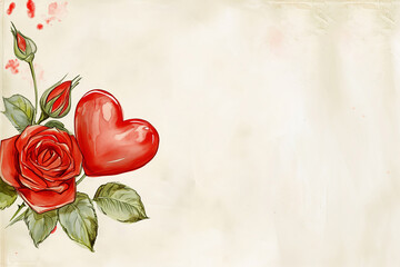 Romantic Red Rose and Heart Illustration on Vintage Paper Background with Copyspace