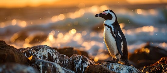 African penguin on the coast at sunset twilight African penguin Spheniscus demersus also known as the jackass penguin and black footed penguin Boulders colony Cape Town South Africa. Copy space image - obrazy, fototapety, plakaty
