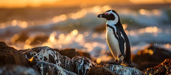 Schilderijen op glas African penguin on the coast at sunset twilight African penguin Spheniscus demersus also known as the jackass penguin and black footed penguin Boulders colony Cape Town South Africa. Copy space image © Ilgun