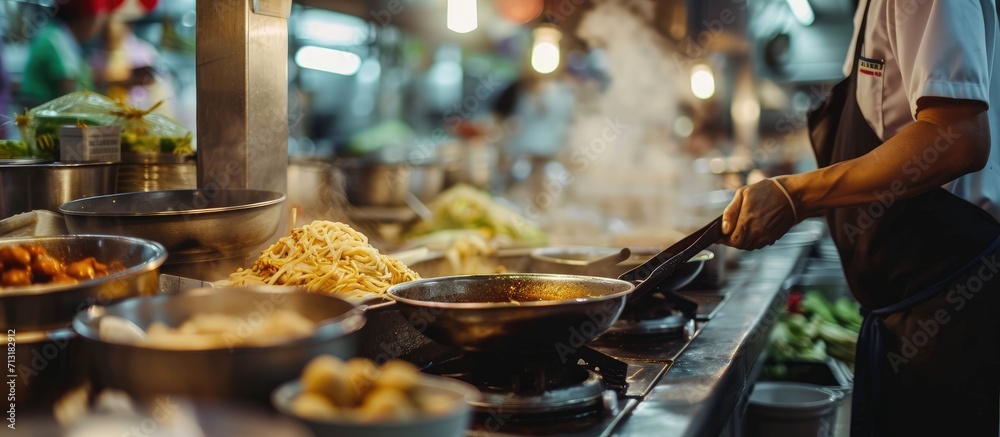 Poster Cooking Noodle soup Hand of Thai Chef pour boiling water soy soup to ramen noodles with fish ball in bowl at restaurant shop Thai street food market making noodle in Traditional Asia Food